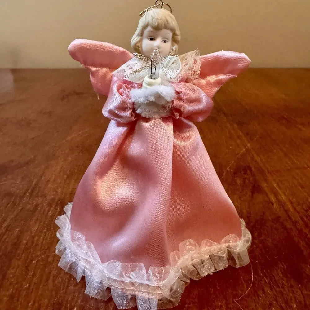 Vintage Pink Porcelain Angel Light Cover Christmas Tree Topper Figurine 5”